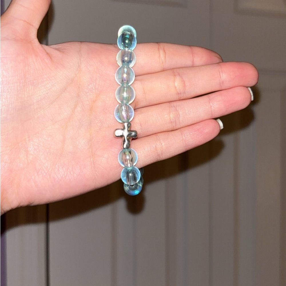 Handmade 10mm Clear Ocean Blue Bracelet with Cross🩵✝️